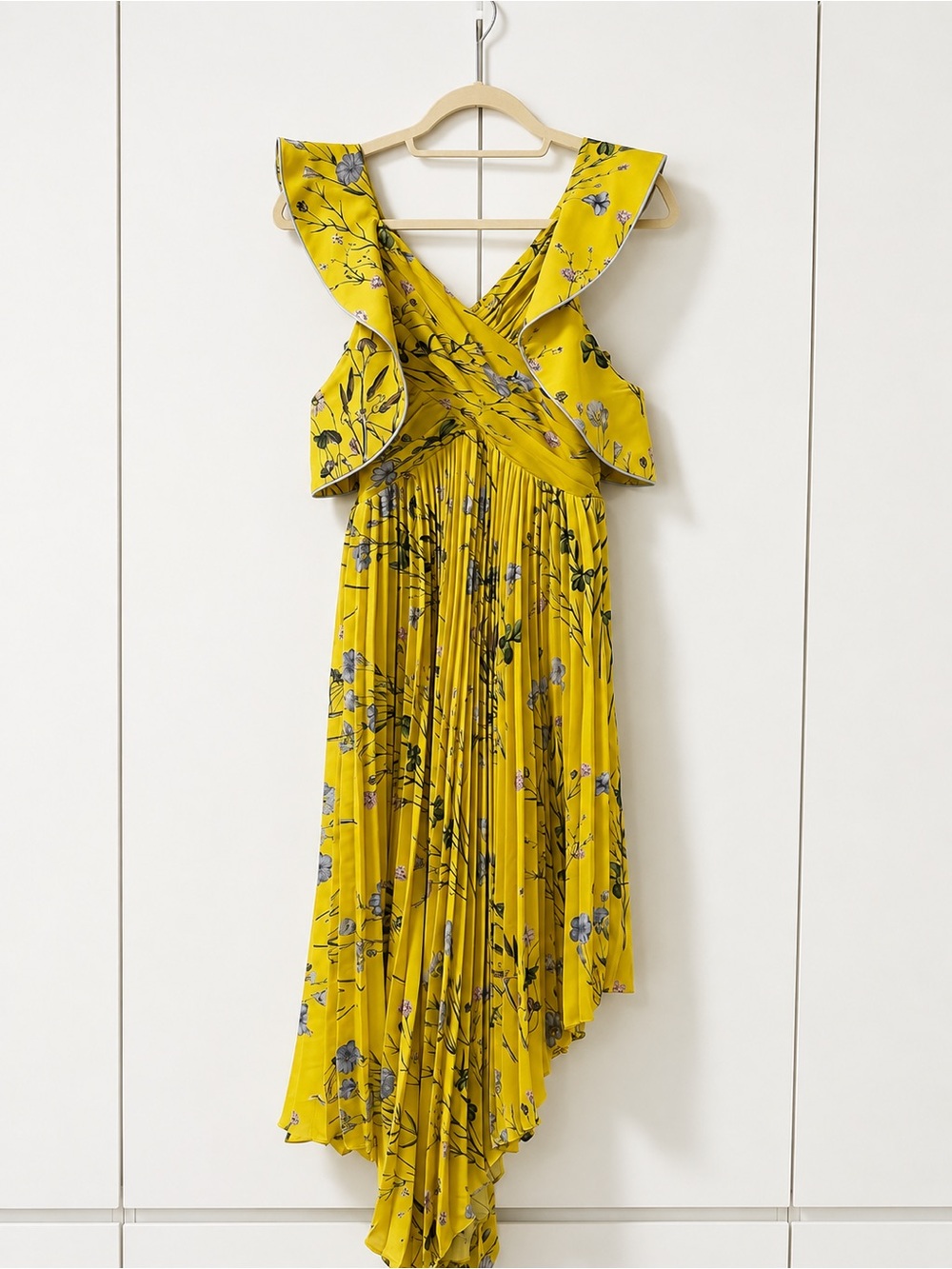 Self-Portrait Yellow Floral Pleated Asymmetric Ruffle Midi Dress